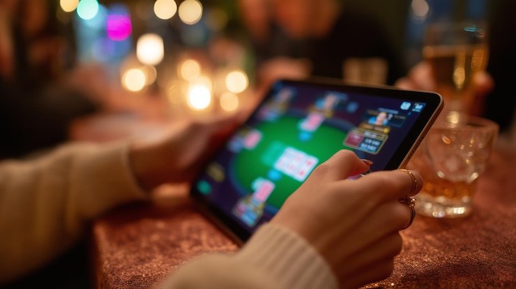 Pengguna bermain game sepak bola online lewat mobile di kota Jakarta dengan lancar